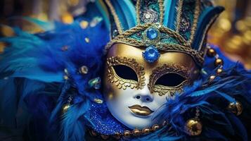 ai gegenereerd elegant Venetiaanse masker temidden van blauw veren en gouden kralen foto