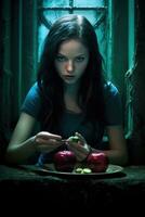 ai gegenereerd mooi jong vrouw aan het eten fruit foto