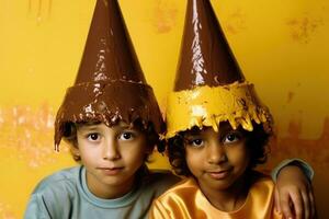 ai gegenereerd twee kinderen vervelend chocola en pinda boter hoeden foto