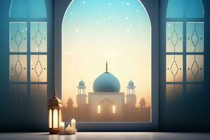 eid mubarak en Ramadan kareem groeten met Islamitisch lantaarn en moskee. eid al fitr achtergrond. eid al fitr achtergrond van venster concept door ai gegenereerd foto