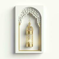 eid mubarak en Ramadan kareem groeten met Islamitisch lantaarn en moskee. eid al fitr achtergrond. eid al fitr achtergrond van venster concept door ai gegenereerd foto