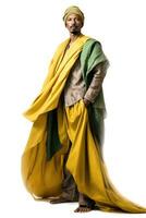 ai gegenereerd een Mens in een helder geel en groen traditioneel Indisch kledingstuk staat vol vertrouwen. foto