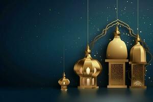 eid mubarak en Ramadan kareem groeten met Islamitisch lantaarn en moskee. eid al fitr achtergrond. eid al fitr achtergrond van venster concept door ai gegenereerd foto