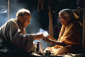 ai gegenereerd een oud Mens en vrouw sharing een moment van verbinding over- een kop van thee foto