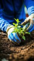 ai gegenereerd tuinman gebruik makend van een troffel naar fabriek een zaailing in een pot met een levendig, groen achtergrond foto