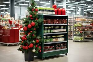 ai gegenereerd flessen van alcohol Aan de schappen van een supermarkt versierd met Kerstmis decor foto