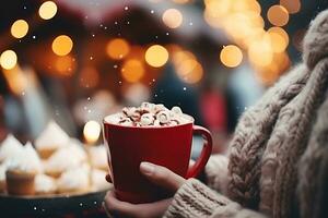 ai gegenereerd vrouw hand- Holding Kerstmis kop van heet drankjes met heemst Aan straat Bij Kerstmis eerlijk met stad lichten bokeh Aan achtergrond. foto