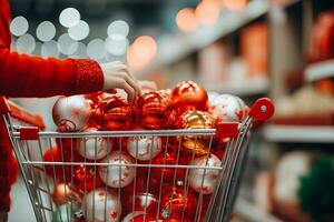 ai gegenereerd een vrouw hand- duurt een bal van een boodschappen doen mand gevulde met nieuw jaar speelgoed- ballen. nieuw jaar decor boodschappen doen concept foto