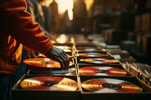 ai gegenereerd een Mens duurt een vinyl Vermelding van een doos. handen dichtbij omhoog. concept van luisteren naar muziek- samen in vinyl en audio bars foto