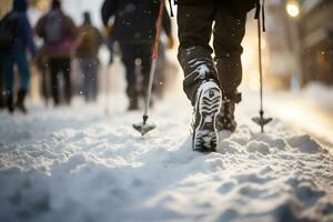 ai gegenereerd een Mens wandelingen langs een besneeuwd straat gebruik makend van ski polen ten gevolge naar de groot bedrag van sneeuw en glad weg. detailopname van voeten foto