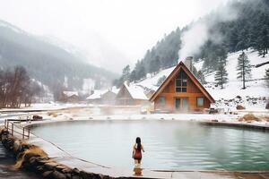 ai gegenereerd een meisje zwemt met haar terug naar de camera in een heet thermisch voorjaar Aan de hotel gronden in de midden- van een besneeuwd Woud en bergen. reizen concept naar heet veren in winter foto