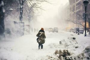 ai gegenereerd sneeuw storm en sneeuwbanken in de stad. gevaarlijk weer voorwaarden foto