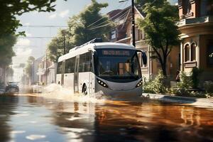 ai gegenereerd een stad bus schijven langs een stad straat overstroomd net zo een resultaat van een overstroming of storm. foto