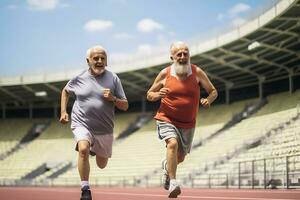 ai gegenereerd twee ouderen mannen met grijs haar- in sportkleding rennen door de stadion in zonnig weer foto