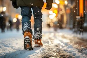 ai gegenereerd een Mens wandelingen langs een besneeuwd straat in de avond gedurende een sneeuwval. Daar zijn slecht weer voorwaarden buiten foto