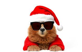 ai gegenereerd portret van een gember puppy in zonnebril en een de kerstman claus hoed. foto