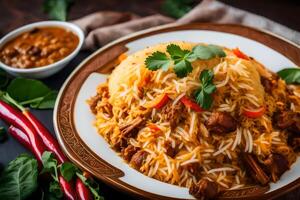 ai gegenereerd Indisch biryani - een traditioneel schotel van rijst- en vlees foto