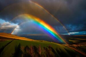 ai gegenereerd een regenboog over- een veld- met een donker lucht foto