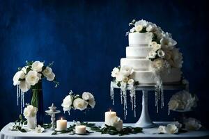 ai gegenereerd een bruiloft taart met wit bloemen en kaarsen foto