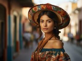 ai gegenereerd Latijns Amerikaans, Mexicaans meisje in een nationaal kostuum Aan de straat van een Latijns Amerikaans stad Aan zonnig dag. nationaal festival. fotorealistisch, achtergrond met bokeh effect. ai gegenereerd. foto