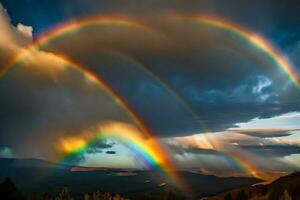 ai gegenereerd een regenboog verschijnt over- een berg reeks met wolken foto