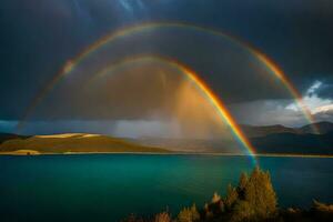 ai gegenereerd een dubbele regenboog over- meer tekapo, nieuw Zeeland foto