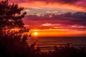 ai gegenereerd de zon sets over- de oceaan en bomen foto