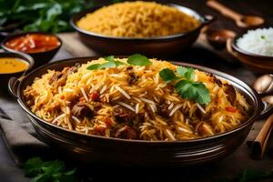 ai gegenereerd Indisch biryani - een traditioneel schotel van rijst- en vlees foto