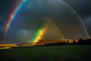 ai gegenereerd een regenboog verschijnt over- een veld- met bomen en bergen foto