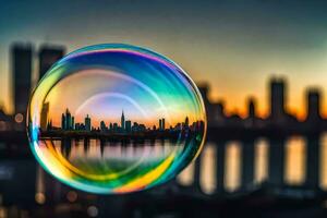 ai gegenereerd een zeep bubbel met een stad horizon in de achtergrond foto