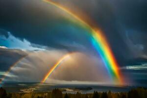ai gegenereerd twee regenbogen zijn gezien over- een meer en Woud foto