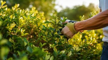 ai gegenereerd tuinman snoeien een struik met een paar- van scharen foto