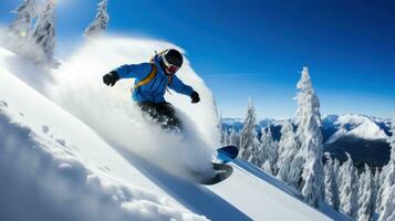 ai gegenereerd een snowboarder snijwerk door een half pipe, met een Doorzichtig blauw lucht bovenstaand foto
