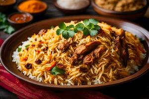 ai gegenereerd kip biryani is een populair Indisch schotel gemaakt met rijst- en kip foto