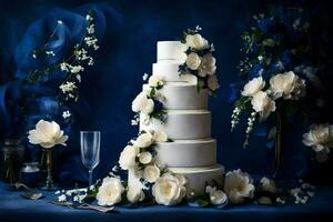 ai gegenereerd een bruiloft taart met wit bloemen en blauw lint foto