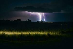 ai gegenereerd bliksem stakingen over- een veld- Bij nacht foto