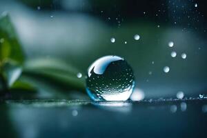 ai gegenereerd een water druppeltje is zittend Aan de grond met bladeren foto