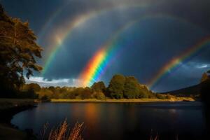 ai gegenereerd een regenboog over- een meer met bomen en gras foto