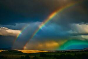 ai gegenereerd een dubbele regenboog over- een veld- met heuvels in de achtergrond foto