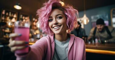 ai gegenereerd meisje met roze haar- Holding smartphone nemen een selfie Bij restaurant foto