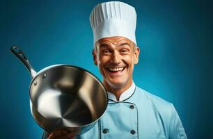 ai gegenereerd Mens in chef uniform poseren met een pollepel chef foto