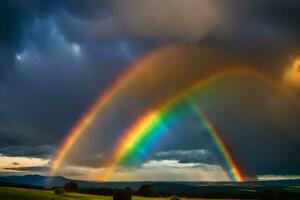 ai gegenereerd twee regenbogen zijn getoond in de lucht over- een veld- foto