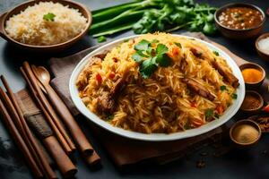 ai gegenereerd Chinese voedsel in een kom met eetstokjes en specerijen foto