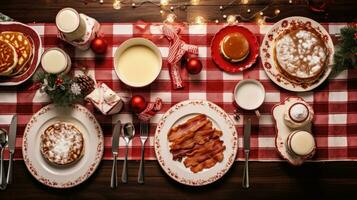 ai gegenereerd tafel reeks met kerstthema servies, inclusief pannekoeken, eieren, spek, en heet cacao. foto