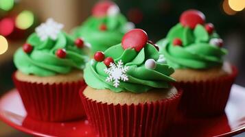 ai gegenereerd prachtig versierd cupcakes met feestelijk rood en groen suikerglazuur en eetbaar Kerstmis decoraties foto