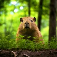 ai gegenereerd een verbijsterend beeld vastleggen een capibara in haar natuurlijk leefgebied foto