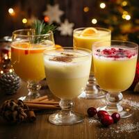 ai gegenereerd feestelijk cocktails, inclusief advocaat, overwogen wijn, en heet kleintjes voor houden warm Aan winters nacht. foto