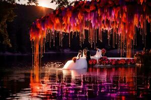 ai gegenereerd een bruid en bruidegom zijn staand in de water onder een luifel van kleurrijk ballonnen foto