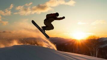 ai gegenereerd een snowboarder het uitvoeren van een achterwaartse salto Aan een groot springen, met de zon instelling achter hen foto