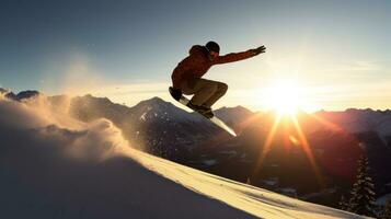 ai gegenereerd een snowboarder het uitvoeren van een achterwaartse salto Aan een groot springen, met de zon instelling achter hen foto